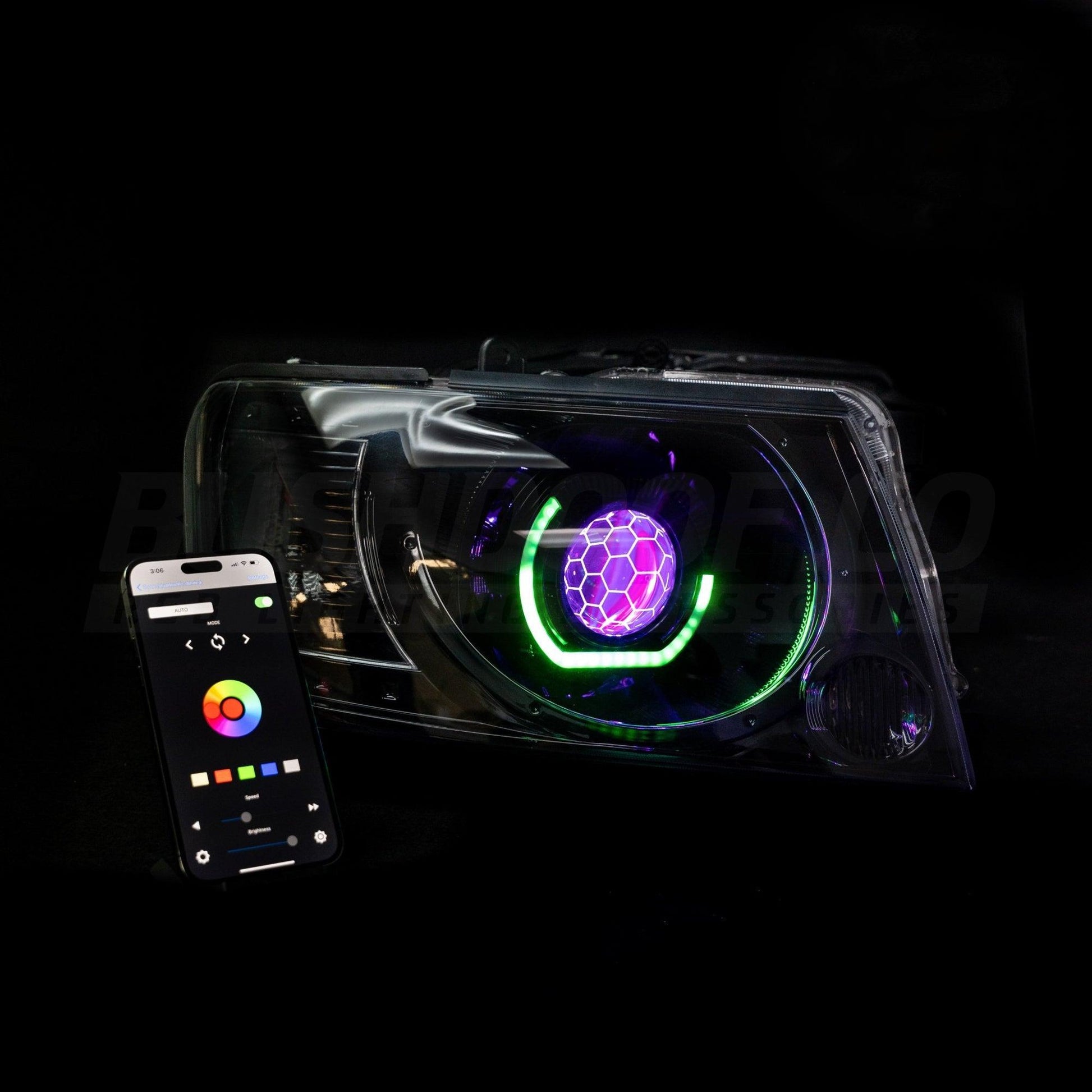 Angry Eye headlight with RGBW demon eye and Bluetooth controller