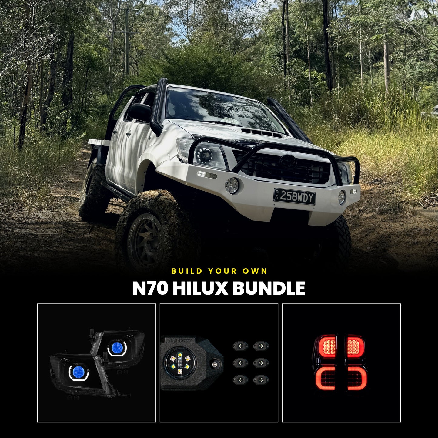 Build your own N70 Hilux bundle - Bushdoof headlights, CX6 rock lights and LED tail lights