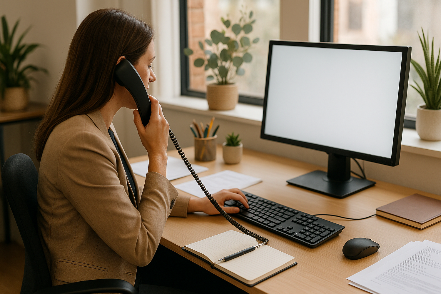 Generate a realistic image of an australian admin answering calls in front of her computer. Do not show her face