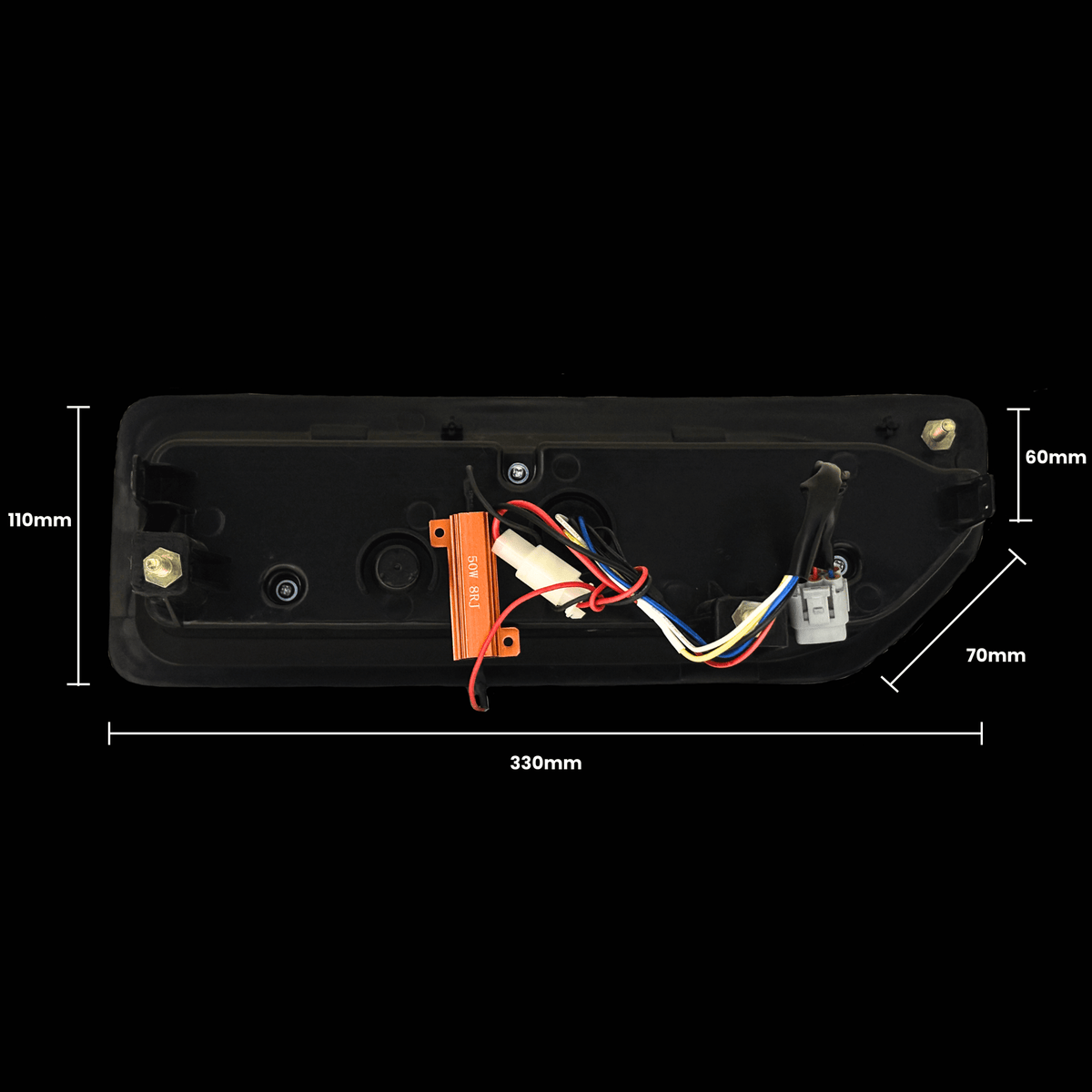 Rear housing and wiring: 330mm wide, 110mm high, 60mm and 70mm deep