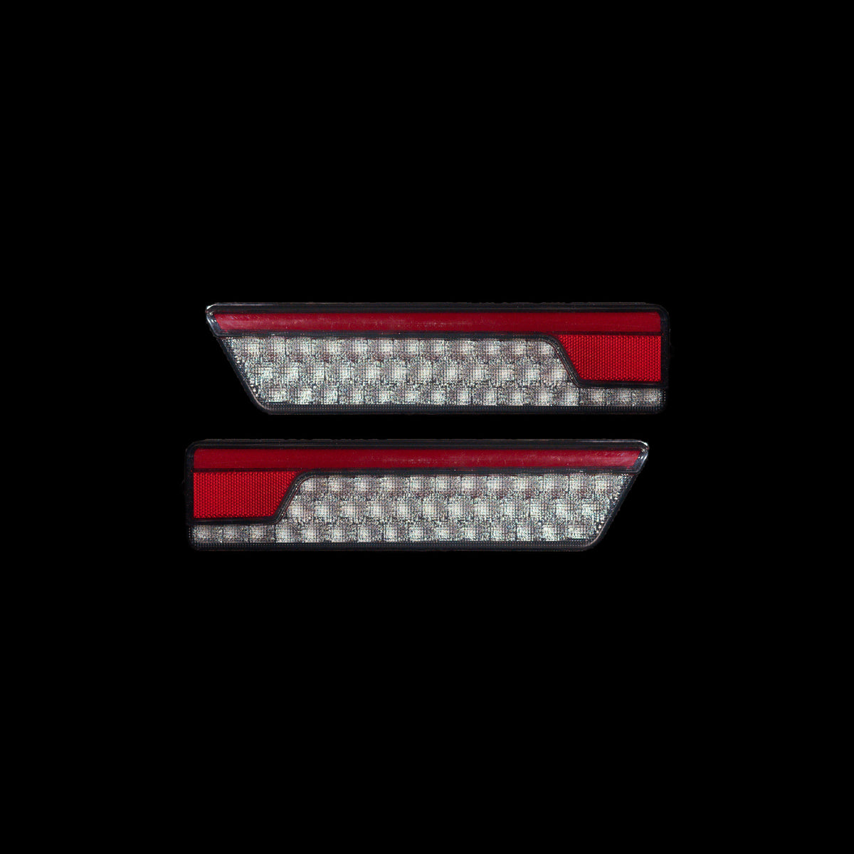 Pair of Universal LED Tray Tail Lights on black, clear lens with red reflector - Bushdoof Lighting