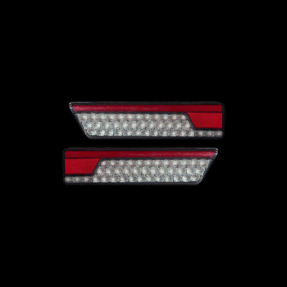 Pair of Universal LED Tray Tail Lights on black, clear lens with red reflector - Bushdoof Lighting