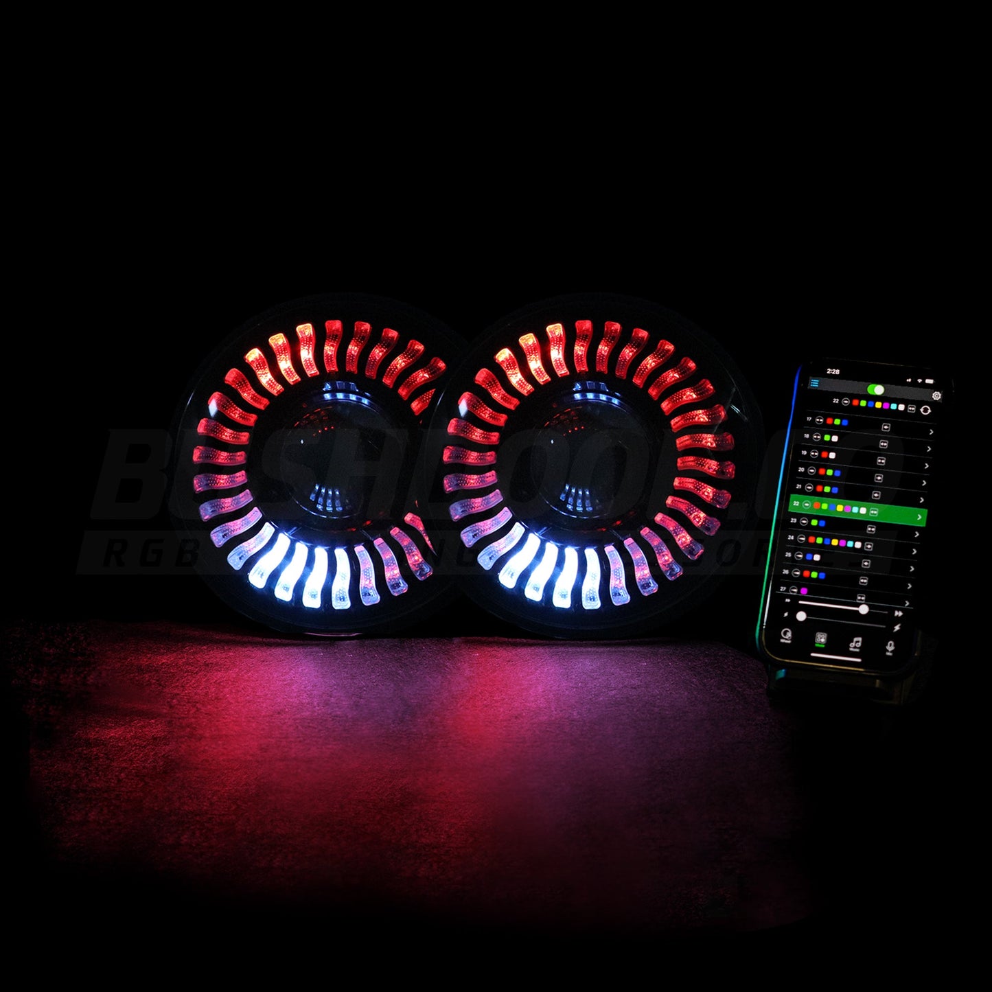 7" 'Firewheel' LED Colour Chasing Headlights - Bushdoof Lighting